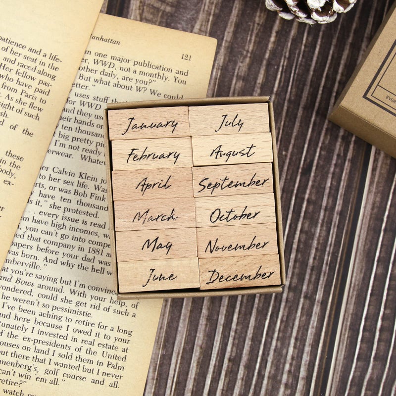 Dizdkizd 12-Piece Cute Month Rubber Stamps, Vintage Wooden Stamps in Small Size for Crafting, Scrapbooking, Journaling Supplies - Image 1